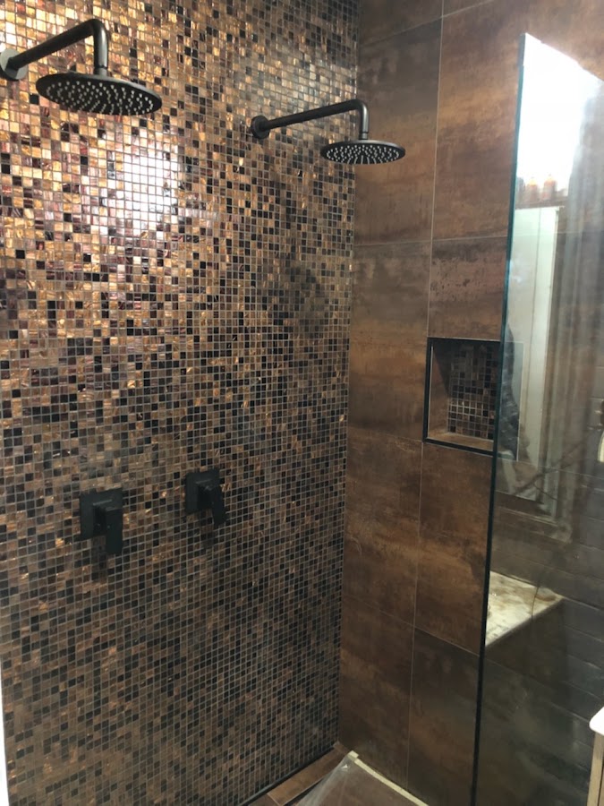 Luxury bronze mosaic shower wall tiling, Yass Tiles & Bathware